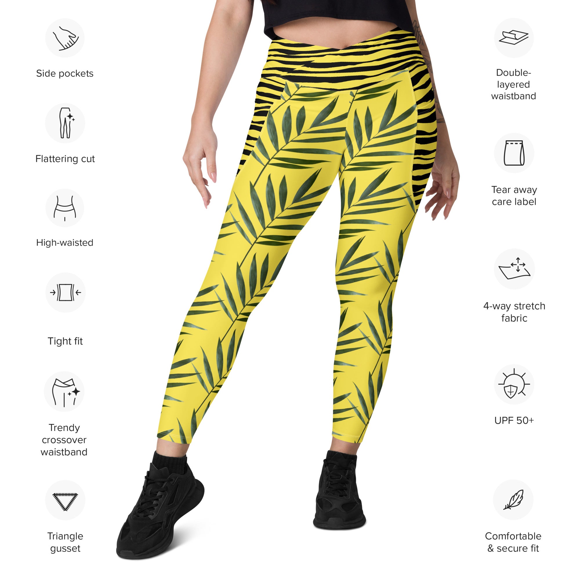 Vineyard Vibes Palm Leaf Crossover leggings with pockets - Paris Daisy